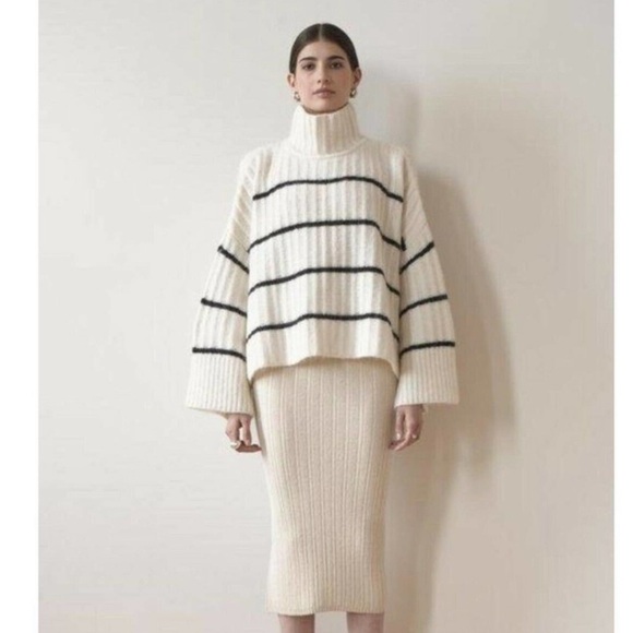 Eleven Six Poncho Stripe Sweater Alpaca Wool Ivory Black - Picture 1 of 7